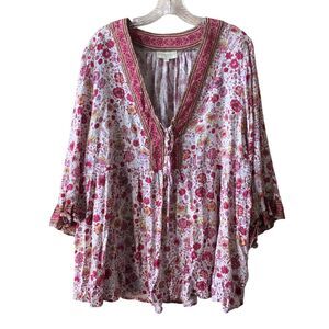 Cynthia Rowley Women's Tunic Blouse Plus 3X Floral Boho 3/4 Sleeve Rayon